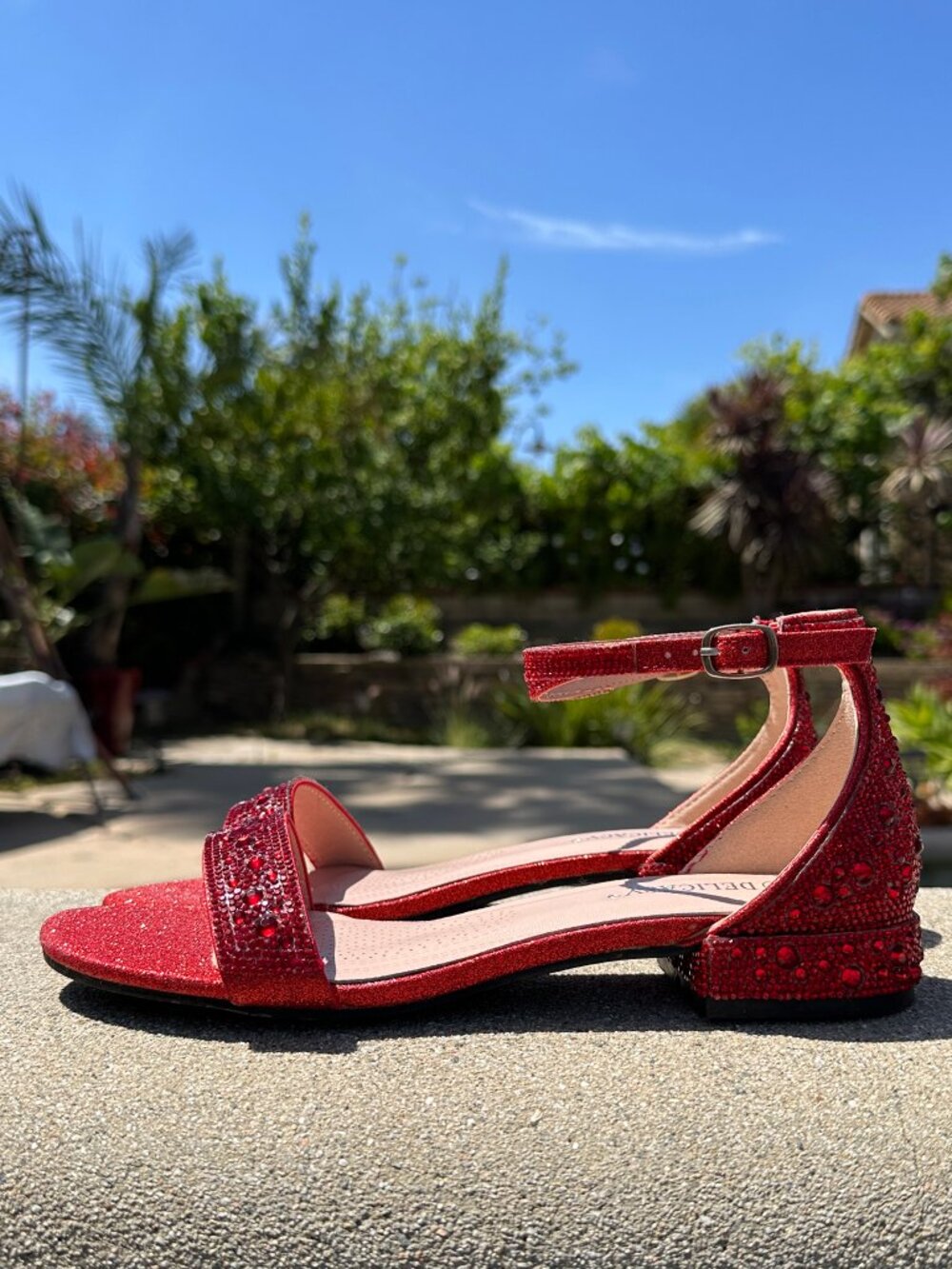 New Red Glitter Rhinestone Open Toe Dress Sandal Ankle Strap Low Block Heel Prom